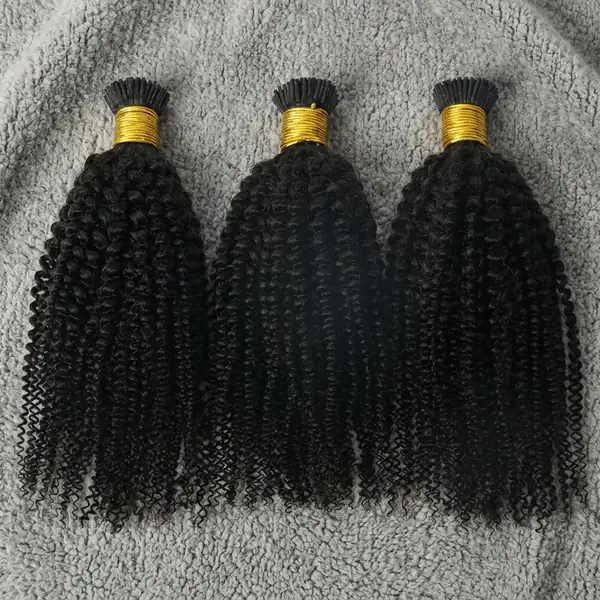 Natural Black Kinky Curly I Tip Extensions - Unprocessed Human Hair, 100 Strands per Pack