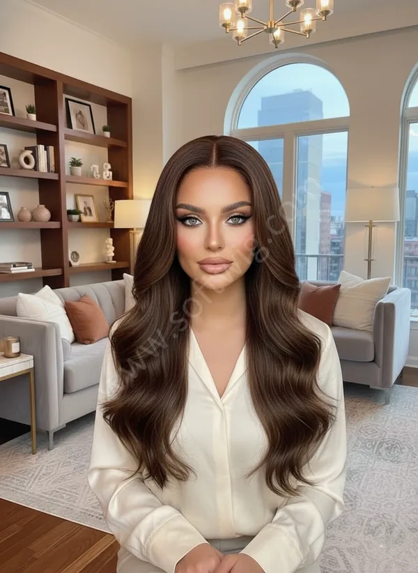 HD Lace Front Human Hair Wig Soft Chocolate Brown Wave Mid-Length Pre-Plucked Natural Hairline Brazilian Hair