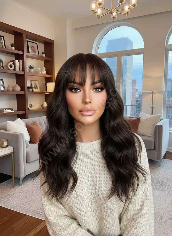 HD Lace Front Human Hair Wig Deep Cool Brown Wave with Bangs Pre-Plucked Natural Hairline Brazilian Hair