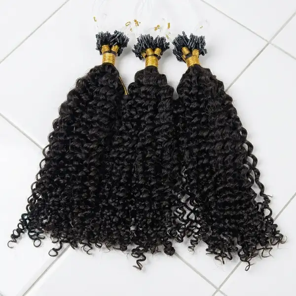 Raw Natural Black Curly Micro Loop Ring Extensions - Heat-Safe, Reusable, 50g Packs