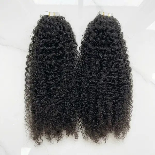 Natural Black Curly Tape In Extensions - Flat to Scalp, 40 Pieces per Pack, Reusable