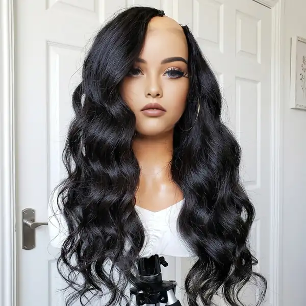 Natural Black U Part Human Hair Wig Body Wave Soft Volume