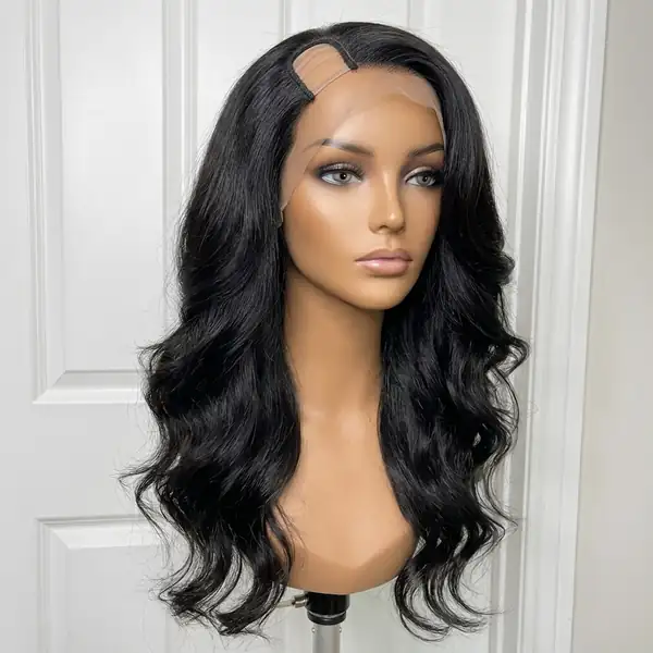 Natural Black U Part Human Hair Wig Long Wave Silky Flow