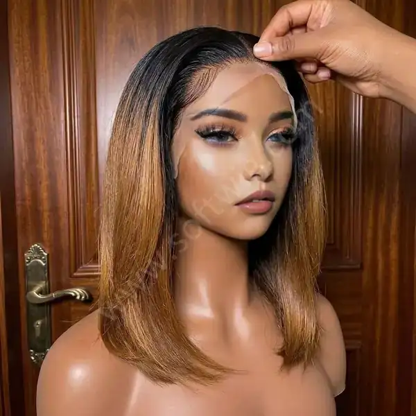 Silky Straight Ombre Medium Brown HD Lace Front Human Hair Wig 14" Short Bob Glueless