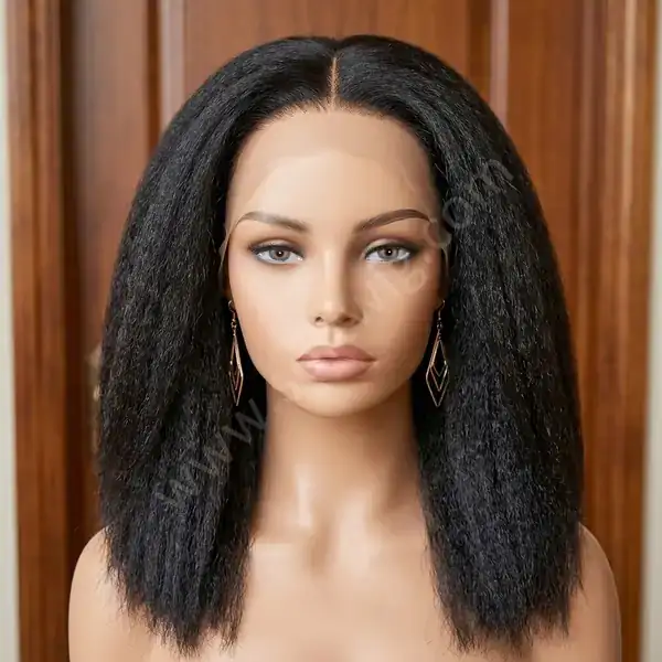 Rich Black Coarse Yaki Straight HD Lace Front Human Hair Wig Afro Kinky for Bridal Hairstyles