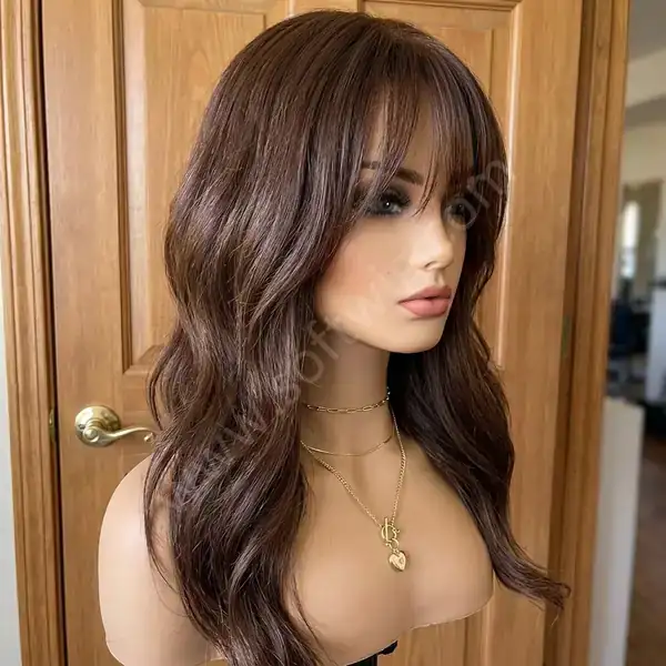 Heat-Safe Dyeable Beach Wave Rich Dark Brown HD Lace Front Human Hair Wig with Bangs for Glam Nights