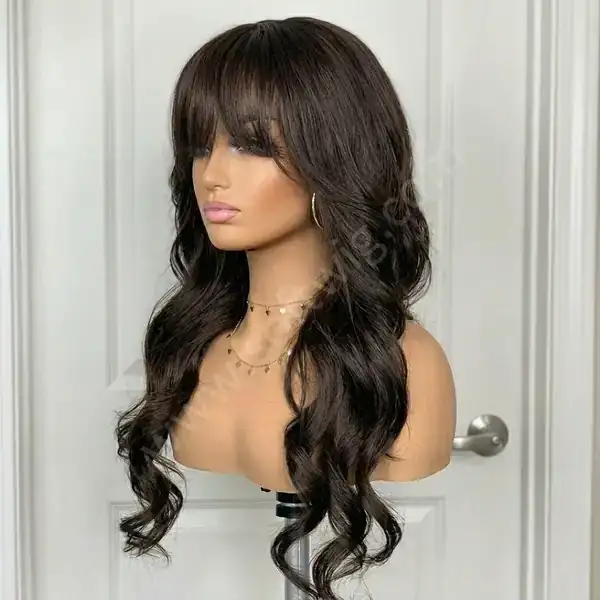 Loose Wave Rich Dark Brown HD Lace Front Human Hair Wig with Bangs for Office Look