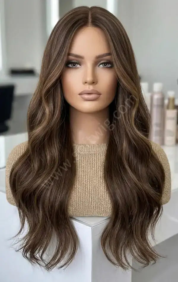 Romantic Long Wave Honey Blonde Highlights on Brown HD Lace Front Human Hair Wig 24" Premium 100% Virgin Hair