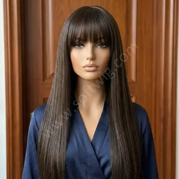 Silky Straight Rich Dark Brown HD Lace Front Human Hair Wig 24" with Bangs
