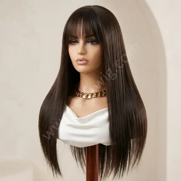 24" Smooth Silk Straight HD Lace Front Human Hair Wig Deep Chocolate Brown with Bangs Density 180% Full for Office Look