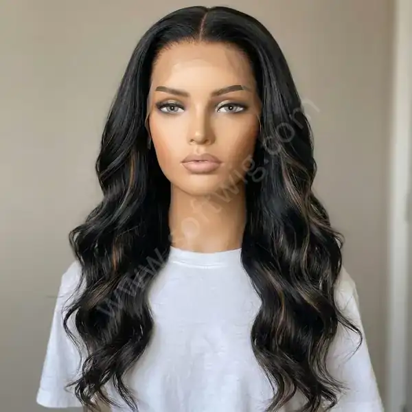 18" Soft Body Wave HD Lace Front Human Hair Wig Black Base with Blonde Brown Highlights Silky Soft for Holiday Glam