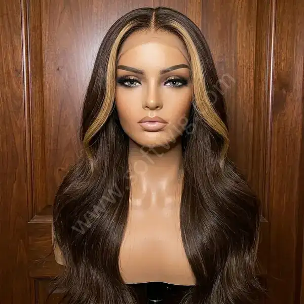 Flowing Long Wave Honey Blonde Highlights on Brown HD Lace Front Human Hair Wig 20" Density 180% Full