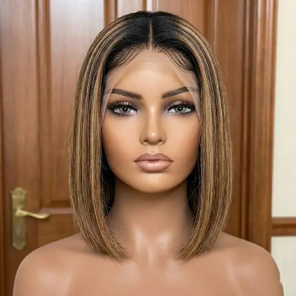 14" Natural Black Roots Ombre Brown Highlight Straight Bob HD Lace Front Human Hair Wig