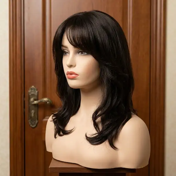 Layered Wavy HD Lace Front Wig with Bangs 16" Dark Brown 100% Real Human Hair