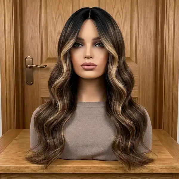 20" Honey Blonde Highlight Body Wave HD Lace Front Human Hair Wig Natural Black Roots