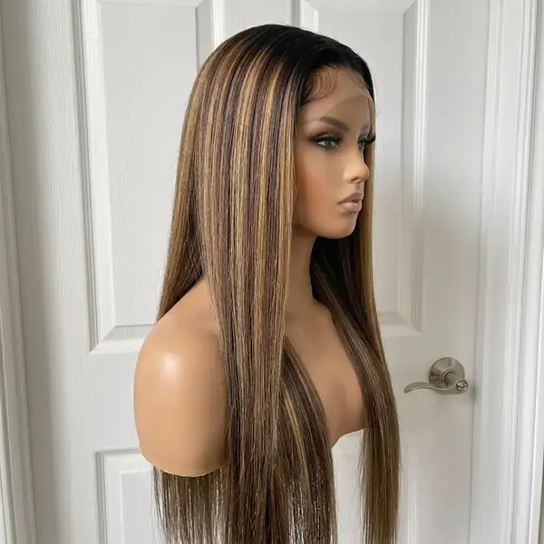 Silky Straight HD Lace Front Wig 24" Chocolate Brown Honey Blonde Highlights Black Roots