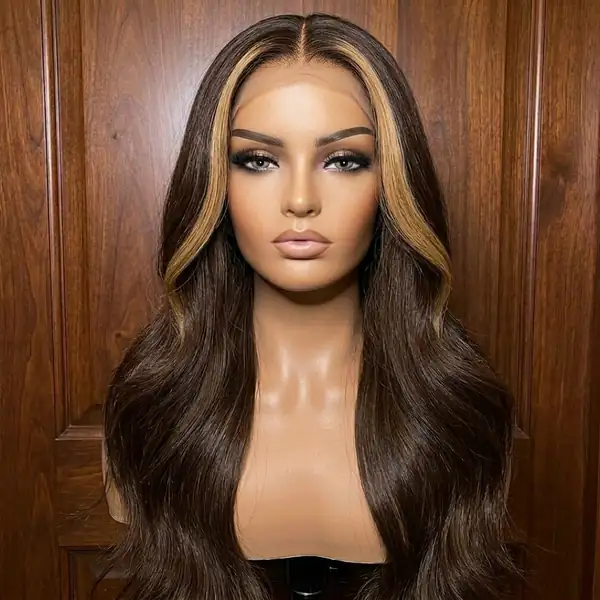 Luxury Dark Brown Money Piece Highlight Body Wave HD Lace Front Wig 24" Human Hair