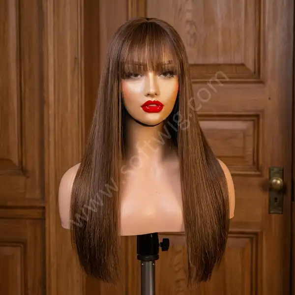 HD Lace Front Human Hair Wig Caramel Brown Straight with Bangs Pre-Plucked Natural Hairline Hair