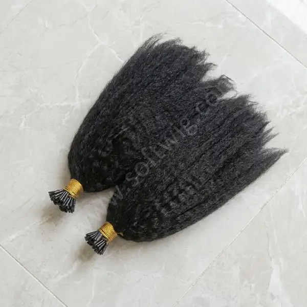 Premium I-Tip Human Hair Extensions Natural Black Kinky Straight Brazilian Remy 100 strands per pack