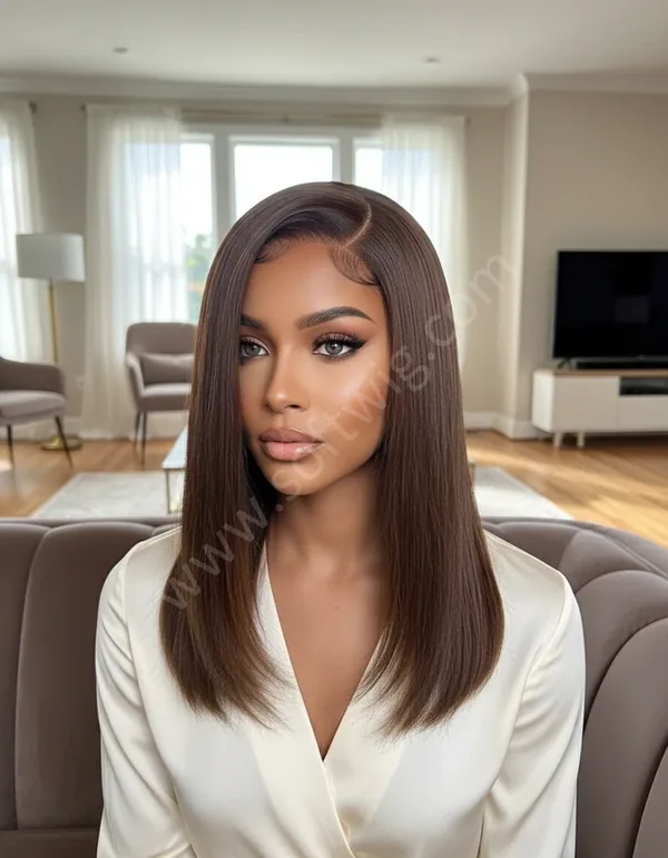 HD Lace Front Human Hair Wig Natural Brown Straight Mid-Length Pre-Plucked Natural Hairline Brazilian Hair
