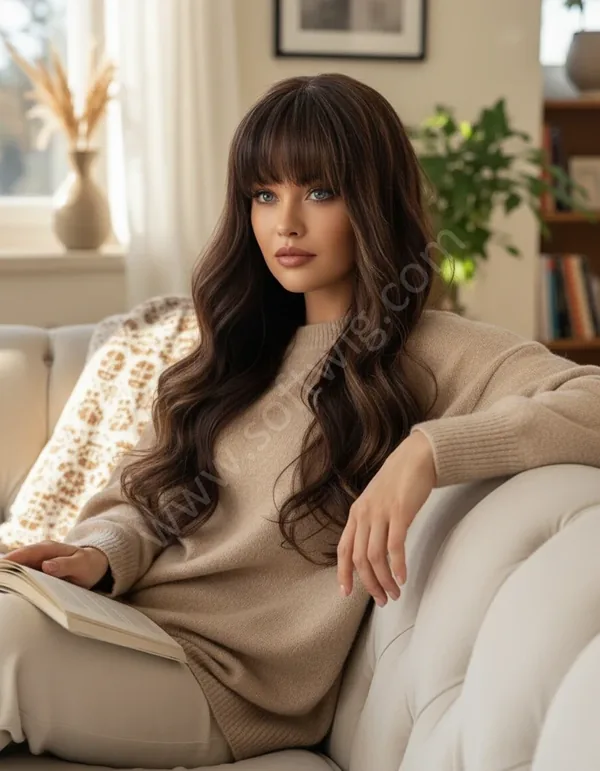 HD Lace Front Human Hair Wig Dark Brown Wave Highlights Pre-Plucked Natural Hairline Brazilian Hair