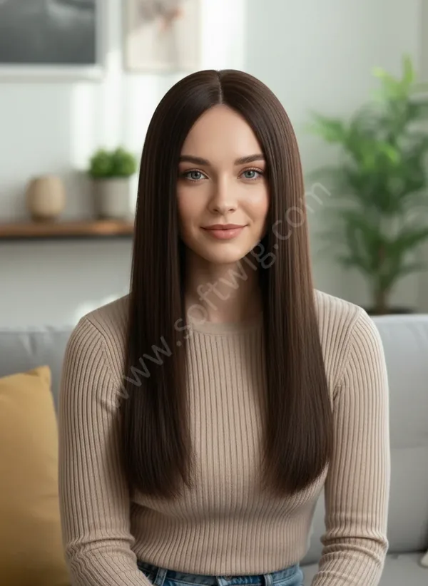 HD Lace Front Human Hair Wig Natural Dark Brown Straight Mid-Length Pre-Plucked Natural Hairline Brazilian Hair