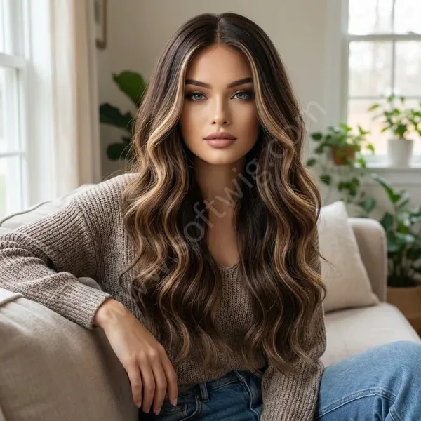 HD Lace Front Human Hair Wig Warm Brown Wave Money Piece Pre-Plucked Natural Hairline Brazilian Hair