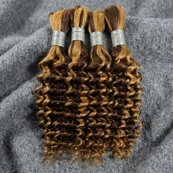 Highlight Blonde Brown Deep Wave Human Hair Bulk for Braiding - Virgin Remy, Hand-Blended Color