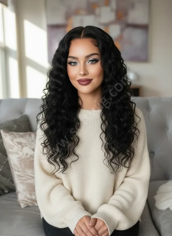 HD Lace Front Human Hair Wig Jet Black Deep Wave Middle Part Pre-Plucked Natural Hairline Brazilian Hair