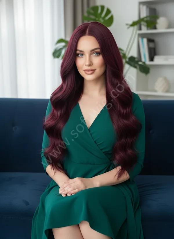 HD Lace Front Human Hair Wig Deep Burgundy Wave Middle Part Pre-Plucked Natural Hairline Brazilian Hair